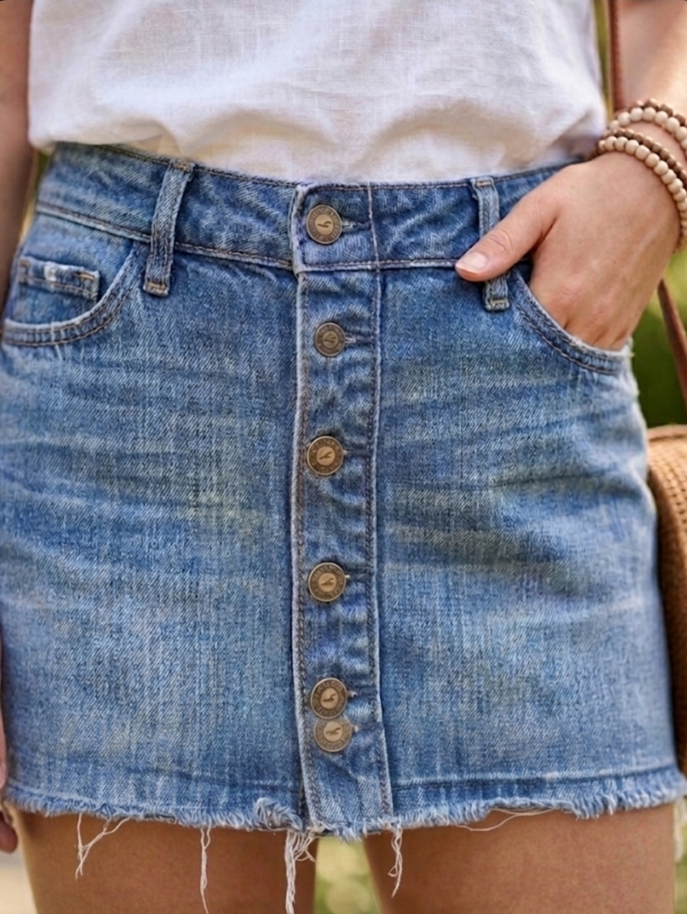 Hollister Button-Front Denim Mini Skirt - Size O (24" Waist) - Distressed RawHem